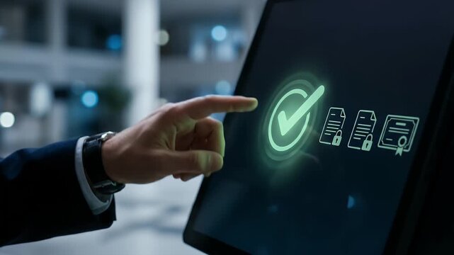 A professional hand interacts with a digital touchscreen, confirming document approvals in a modern office setting, with a slow pan and ambient lighting, creating a sleek, cinematic atmosphere.