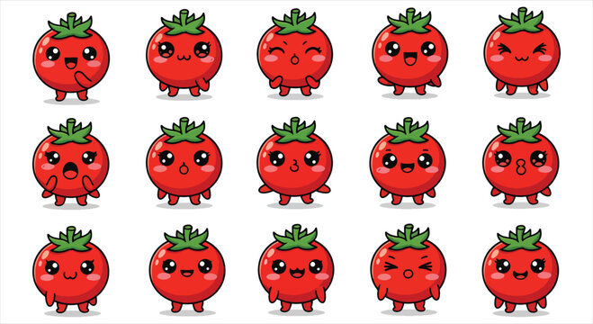 Cute Tomato Character Emote Sticker Set, Kawaii Vegetable Mascot Emoji Pack, Cartoon Food Reaction Icons Vector