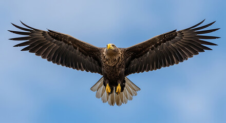 Fototapeta premium A large brown eagle flying through a blue sky with outstretched wings