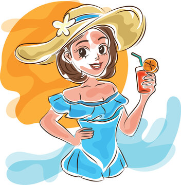 happy summer woman in beach doodle marker style