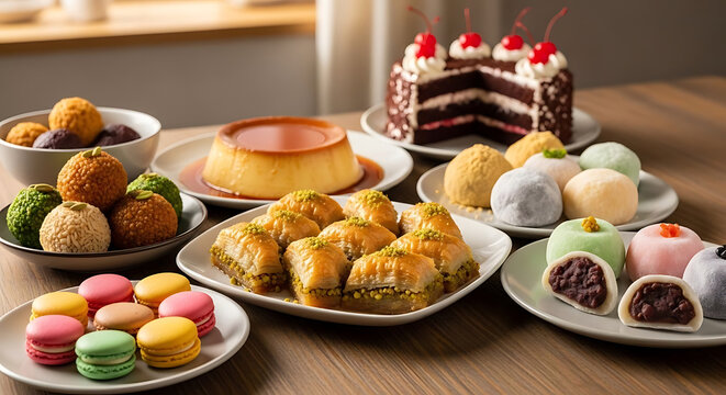 Delicious desserts, including baklava, macarons, mochi, flan, and chocolate cake, are beautifully arranged on a wooden.