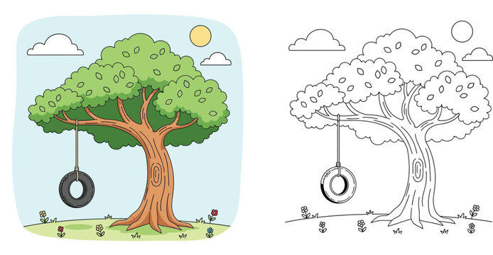 Cute cartoon tree with a tire swing in the garden for children coloring page illustration