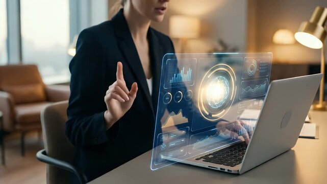 A professional woman interacts with a holographic interface displaying AI responses, captured with a slow pan to emphasize innovation and technology in a cinematic, futuristic setting.