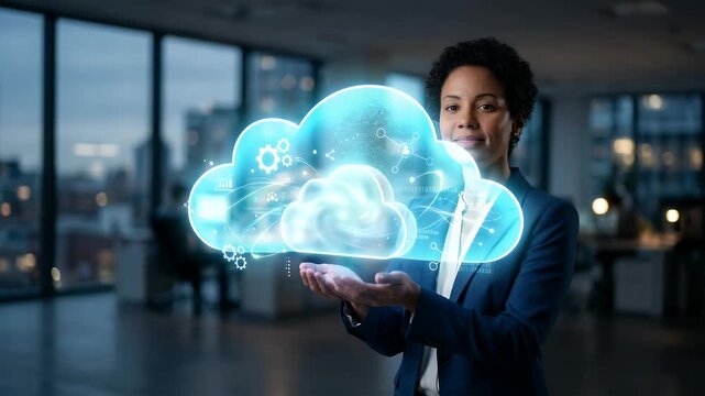 A professional woman interacts with a glowing cloud symbol, showcasing digital data flow in a modern office, as the camera gently pans to reveal a dynamic corporate atmosphere in a cinematic style.