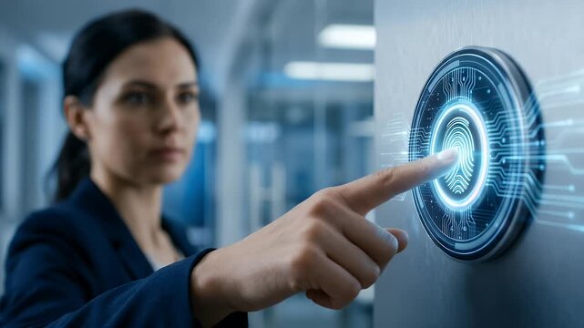 A professional woman interacts with a futuristic biometric scanner, as the camera slowly zooms in, capturing the sleek technology and subtle ambient office motions in a cinematic style.