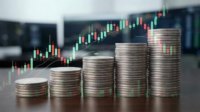 A steady tracking shot of ascending stacks of coins with gentle ambient motion, displaying financial growth through an overlay of vibrant stock market graphs in a cinematic style.