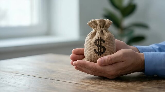 A steady tracking shot reveals a person gently cradling a money bag on a wooden table, with soft ambient light filtering through a window, creating a cinematic atmosphere of financial opportunity.