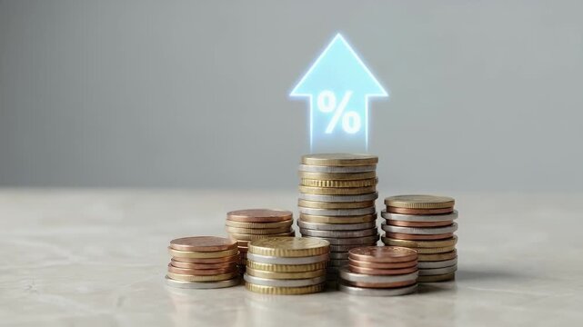 A steady tracking shot reveals a stack of coins with a digital percentage arrow rising above, embodying growth in finance, investment, and economic trends in a sleek, cinematic style.