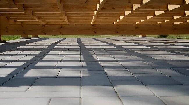 Geometric patterns of light and shadow on a concrete tiled patio surface