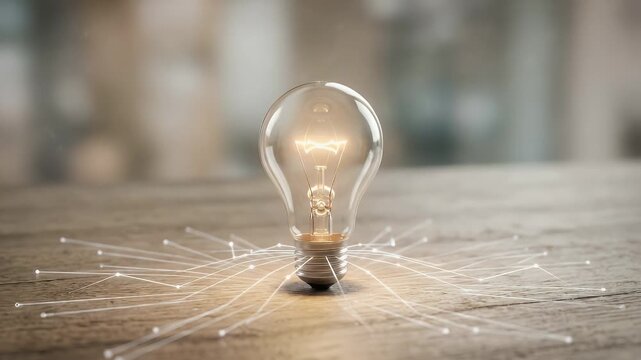 Captivating light bulb illuminating a wooden table, with gentle ambient motion of glowing energy lines, featuring a slow camera pan for a cinematic exploration of creativity and innovation.