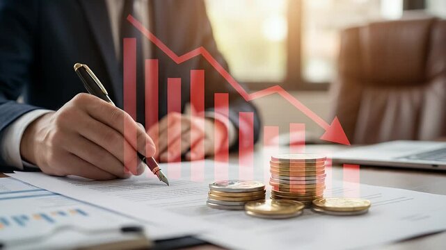 Businessman analyzing financial reports with a slow pan across stacking coins and a downward trend graph overlay, capturing a cinematic moment of market analysis and economic insights.