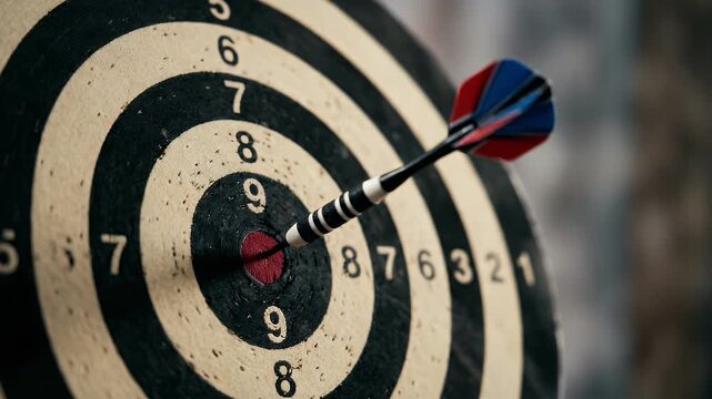Capture a cinematic close-up of a dart striking the bullseye on a dartboard, with a slow pan to emphasize focus and precision, enhancing themes of accuracy and skill in competitive sports.