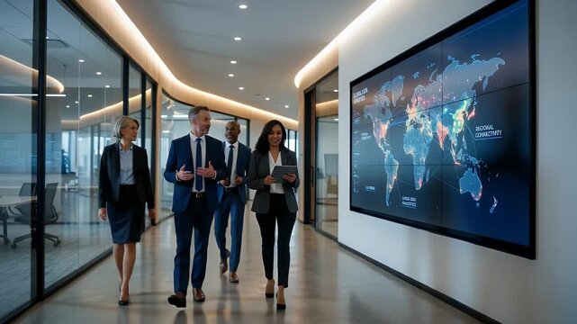 Business professionals engage in dynamic discussions while walking through a modern office corridor, captured with a steady tracking shot, enhancing collaboration and innovation in a corporate environ