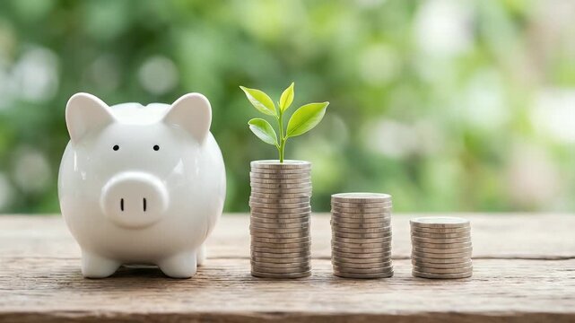 Capture a cinematic scene of a piggy bank and stacked coins with a gentle breeze causing leaves to sway, as the camera slowly pans to emphasize growth and financial prosperity.