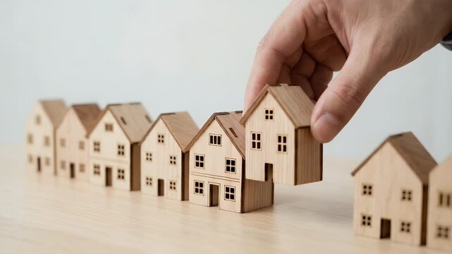 Capture a cinematic scene of a hand gently selecting a wooden house model from a row, with a slow tracking camera movement and subtle ambient motion, highlighting the concept of home selection and rea
