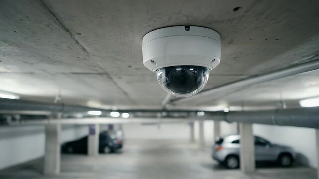 Capture a cinematic view of a security camera monitoring an empty parking garage, featuring a slow pan across the scene as ambient lights flicker, creating a sense of surveillance and safety.