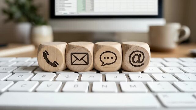 Capture a cinematic slow pan over wooden communication blocks on a keyboard, highlighting the essence of digital connectivity while subtle ambient motion suggests a lively workspace atmosphere.