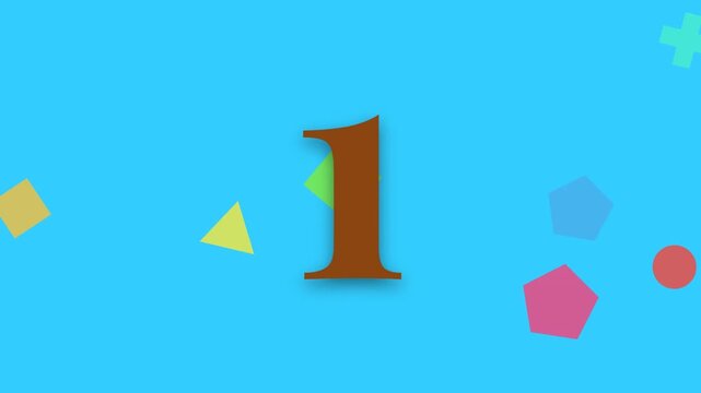 A colorful countdown timer from five to one with abstract geometric shapes on blue background