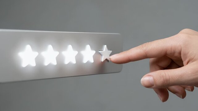 Capture a close-up of a hand gently pressing a glowing star on a sleek rating panel, with a slow zoom-out revealing the full set of stars, in a modern, cinematic style emphasizing user engagement and 