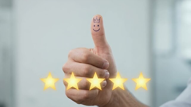 Capture a close-up of a hand giving a thumbs-up with a smiling face, while a gentle camera pan reveals five glowing stars in the background, creating a positive, uplifting atmosphere in a modern, brig