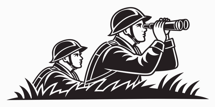 two soldiers in a prone position looking through binoculars Vector