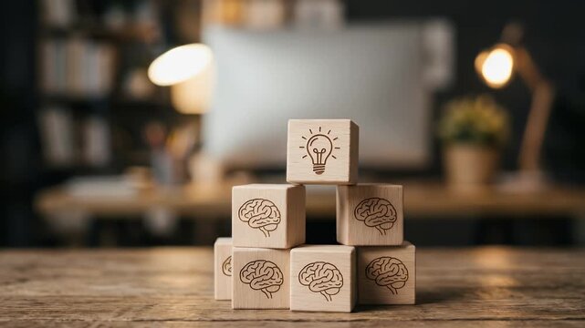 Capture a focused hand placing a wooden block with a light bulb icon atop a stack of brain-engraved blocks, while the camera slowly tracks to reveal a warm, inviting workspace in a cinematic style.