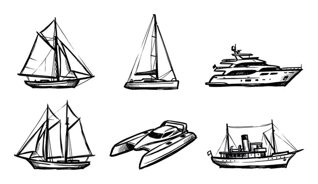 Collection of various hand-drawn watercraft illustrations including sailboats, a yacht, a catamaran, and a classic schooner.