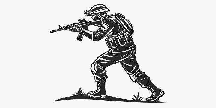 a soldier is aiming a rifle while crouched in a tactical stance Vector