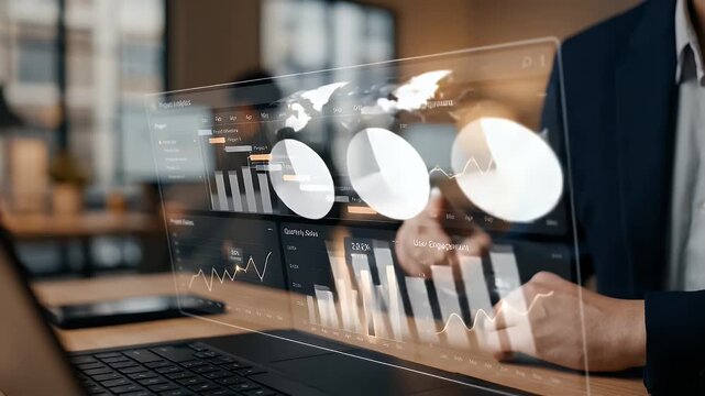 Capture a focused professional analyzing digital data on a sleek laptop, with a slow camera pan revealing animated graphs and charts in a modern office setting, in a cinematic style.
