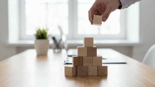 Capture a focused scene of a hand placing a wooden block on a tower, with a slow pan across a modern office workspace, highlighting productivity and creativity in a cinematic style.