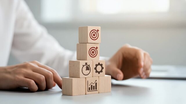 Capture a focused scene of a professional stacking wooden blocks, symbolizing strategy and growth, with gentle ambient motion and a slow, steady pan for a cinematic, motivational feel.