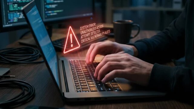 Capture a focused scene of a programmer typing rapidly on a laptop with a slow pan revealing ominous system alerts, complemented by gentle ambient lighting, in a cinematic style exploring cybersecurit
