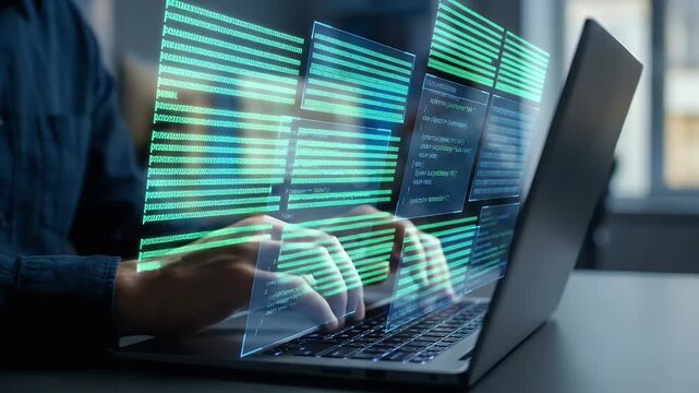 Capture a focused programmer typing on a laptop as animated lines of code dynamically emerge and fade, with a slow pan revealing a modern workspace in a cinematic style.