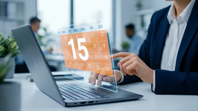 Capture a professional in a modern office interacting with a holographic calendar on a laptop, featuring a slow pan across the scene, showcasing productivity and technology in a cinematic style.