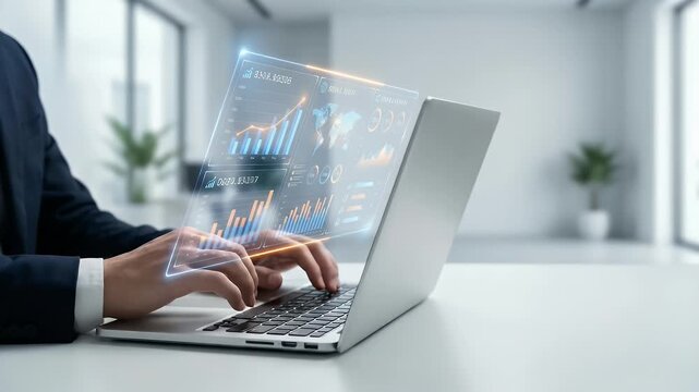 Capture a professional in a modern office environment typing on a laptop as dynamic sales trends and analytics visuals emerge, featuring subtle camera pans and a sleek, cinematic style.