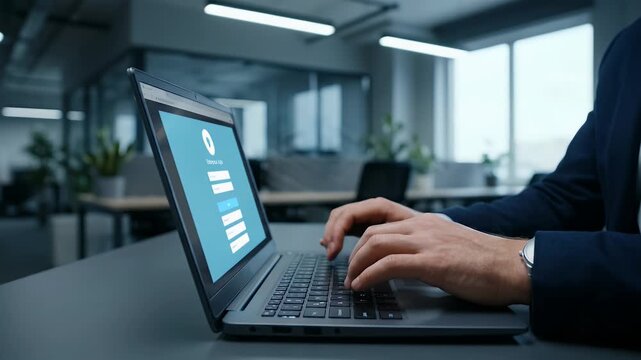 Capture a professional in a modern office typing login credentials on a laptop, with subtle screen animations and a slow pan, creating a cinematic atmosphere focused on digital security and technology