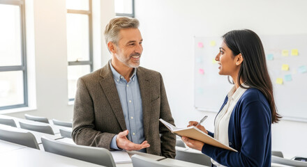 A mature man and a young woman are engaged in a conversation in a modern classroom setting.