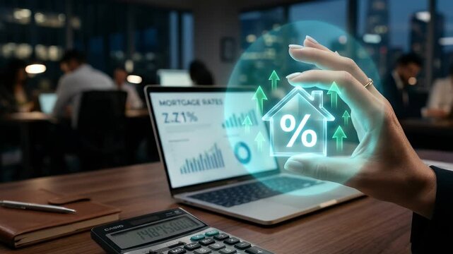 Capture dynamic financial growth with a hand displaying a glowing percentage symbol over a laptop, complemented by a slow pan across a bustling office, in a cinematic style.