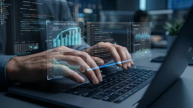 Capture dynamic coding in a high-tech environment with gentle ambient motion, showcasing hands typing on a laptop while data visualizations animate, all presented in a cinematic style for technology-f
