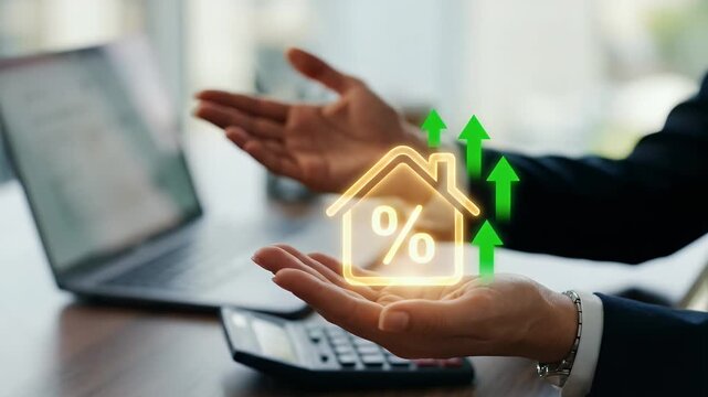 Capture dynamic stock footage of a professional analyzing real estate growth, featuring hands presenting a glowing house symbol with upward arrows, complemented by a slow pan across a modern office se