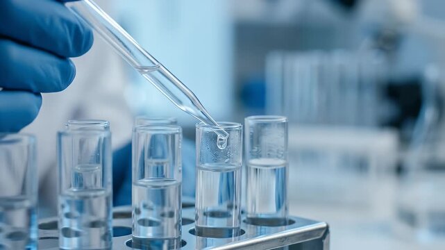 Capture the delicate motion of a lab technician's gloved hand as it precisely drops a liquid into a test tube, complemented by a slow pan across a modern laboratory setting, styled in a cinematic form