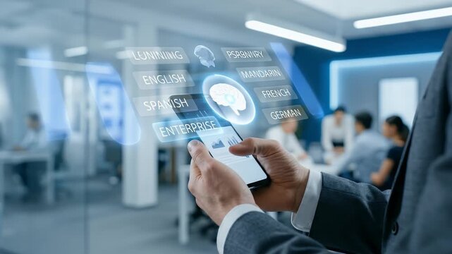 Capture dynamic smartphone interaction in a modern office setting with a steady tracking shot, as digital language options appear, showcasing enterprise innovation in a sleek, cinematic style.