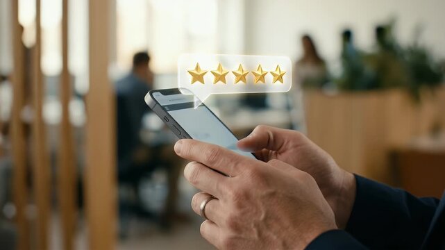 Capture the dynamic interaction of a professional reviewing a digital certification document on a smartphone, featuring a slow pan and gentle ambient motion, in a modern, cinematic style.