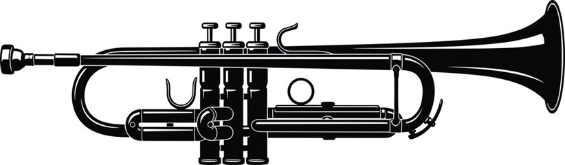 Black and white vector illustration of trumpet musical instrument with detailed valves, mouthpiece, and bell, jazz and classical brass band design concept © MstMarufa