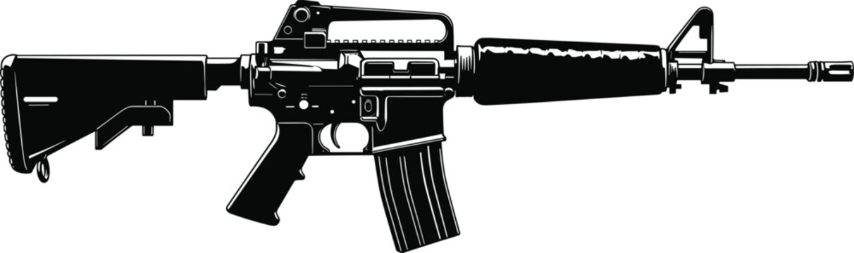 Black and white vector silhouette illustration of modern military assault rifle M4 carbine with collapsible stock, pistol grip, magazine, barrel, and tactical design