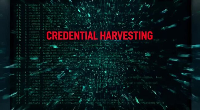 Cyber security warning about credential harvesting displayed on a digital screen with exploding data elements.