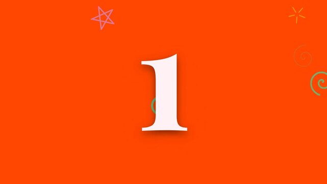 A colorful countdown timer from five to one on a bright orange festive background
