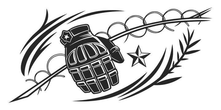 a grenade with a pin and safety lever surrounded by barbed wire and a star Vector