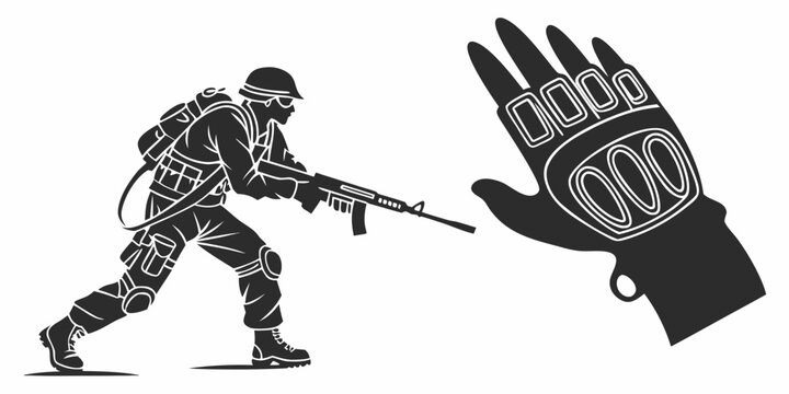 soldier pointing a gun at a giant hand Vector