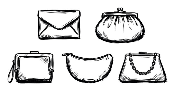 Collection of hand-drawn sketch illustrations depicting various women's fashion accessories like purses, clutches, and coin bags.